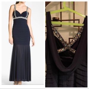 Betsy Adam navy maxi gown mermaid 4 new glitter